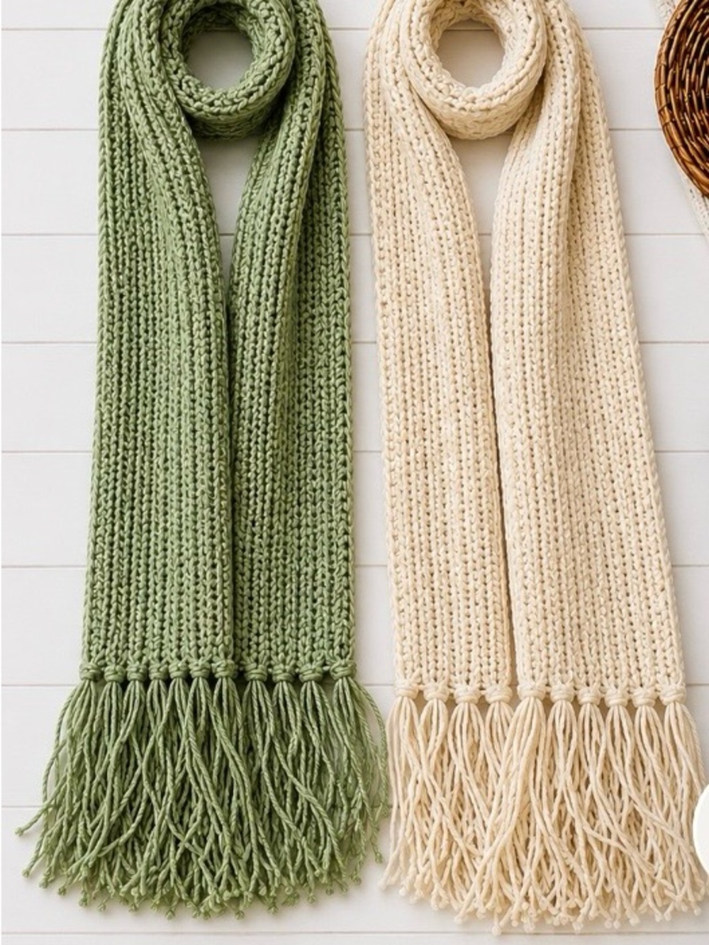 Handcrafted Green and Cream Knit Fringe Throw Scarves - Home Accents